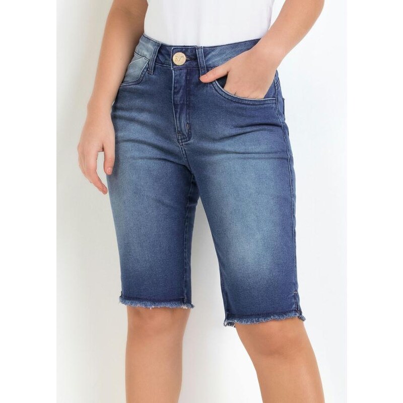 Bermuda Jeans Ciclista Barra Desfiada Sawary Blue Medio