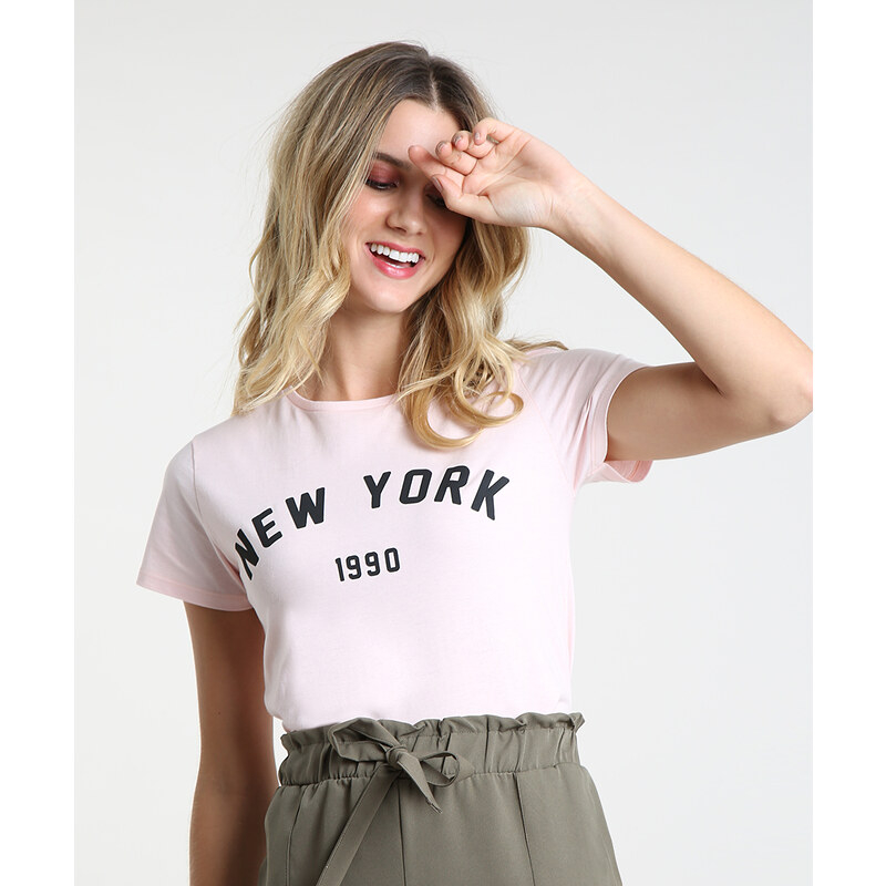 C&A Blusa Feminina New York Manga Curta Decote Redondo Rosa