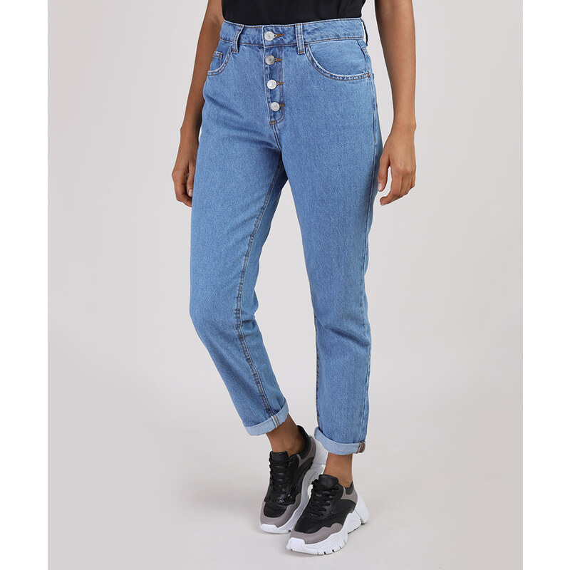 calça jeans mom cintura super alta com bolsos azul médio - C&A