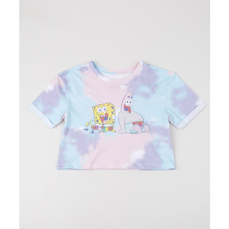 C A BR Blusa Juvenil Cropped Bob Esponja Estampada Tie Dye Manga Curta Azul GLAMI .br
