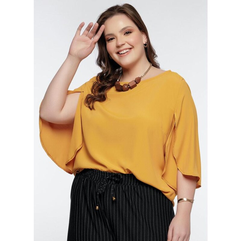 Mink Blusa Plus Size Amarela com Mangas Transpassadas 