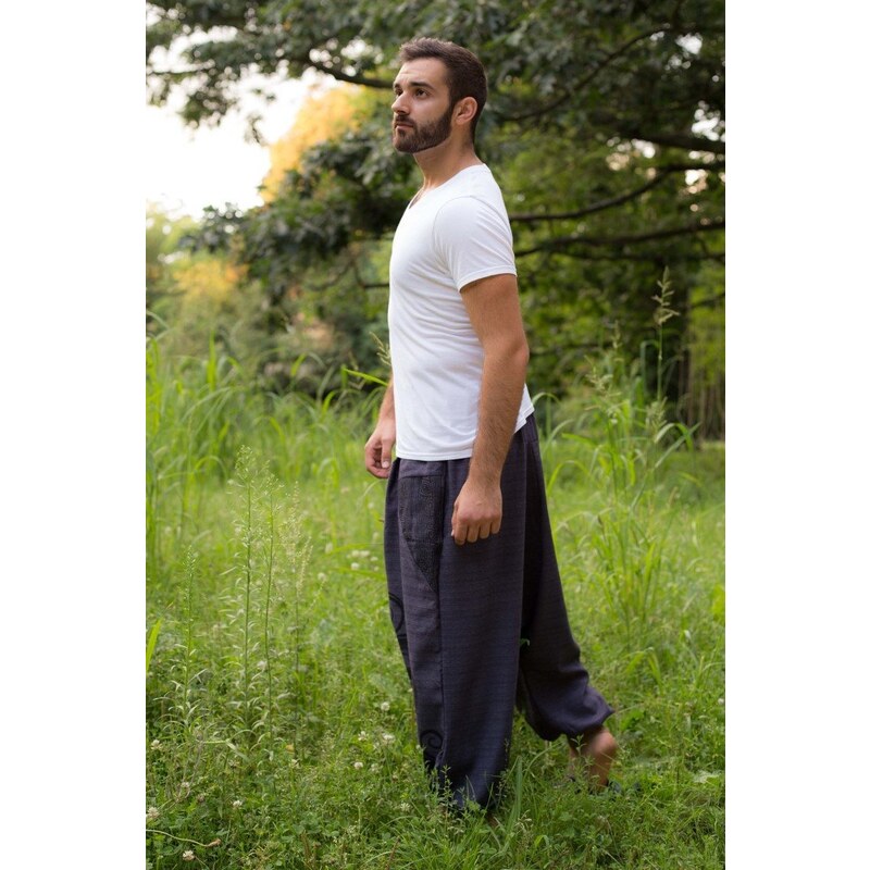 Calça Thai Calça larga azul escuro masculina com bolso e cintura elástica  com cordão 100% algodão
