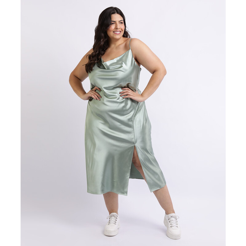 C&A BR Vestido Feminino Mindset Slip Dress Plus Size Midi Acetinado Alças  Finas com Fenda Verde Claro 