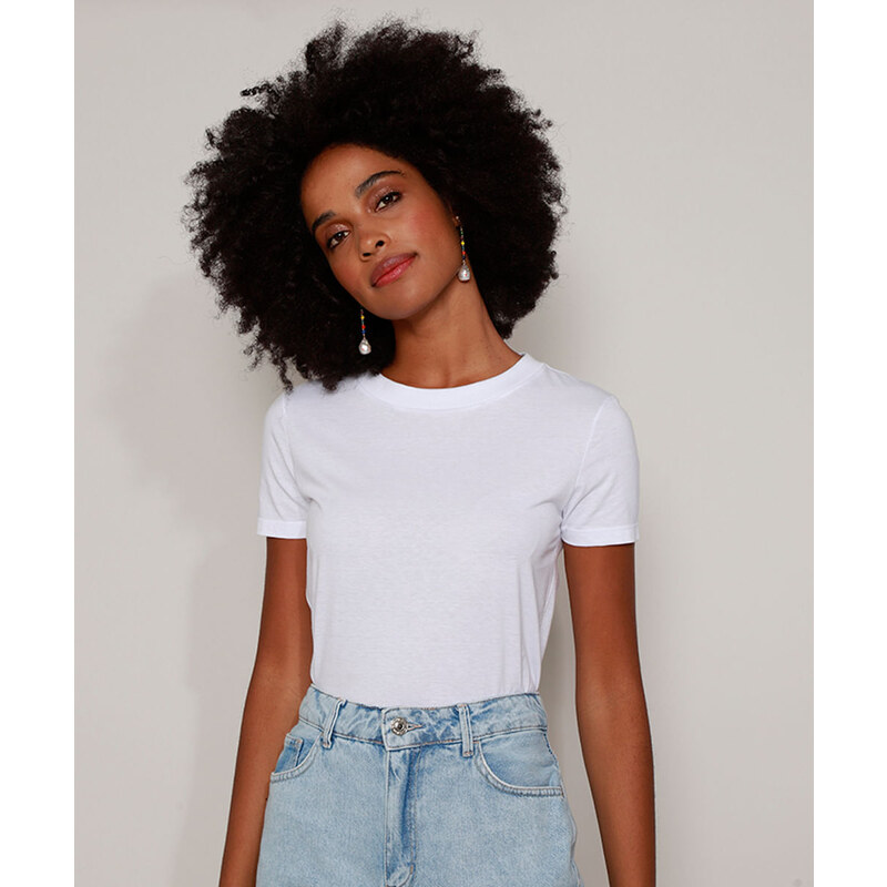 Blusa Feminina Manga Curta Branca Decote Redondo