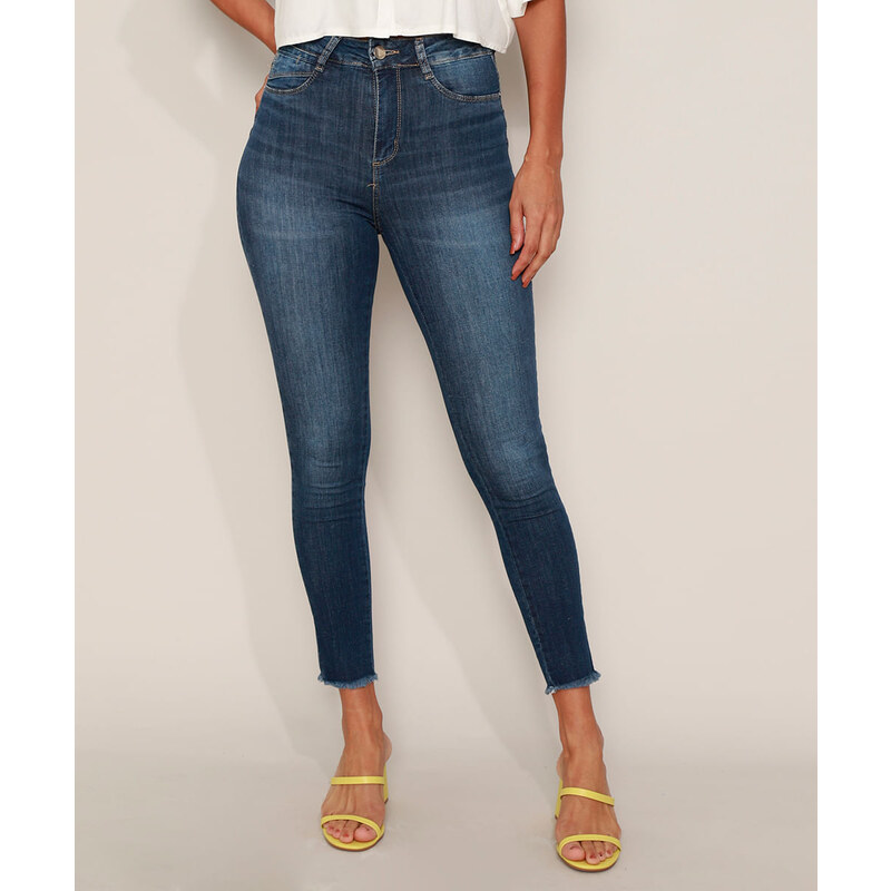 Calça Jeans Feminina Flare Cos Alto Cintura Alta Barra Desfiada - Azul