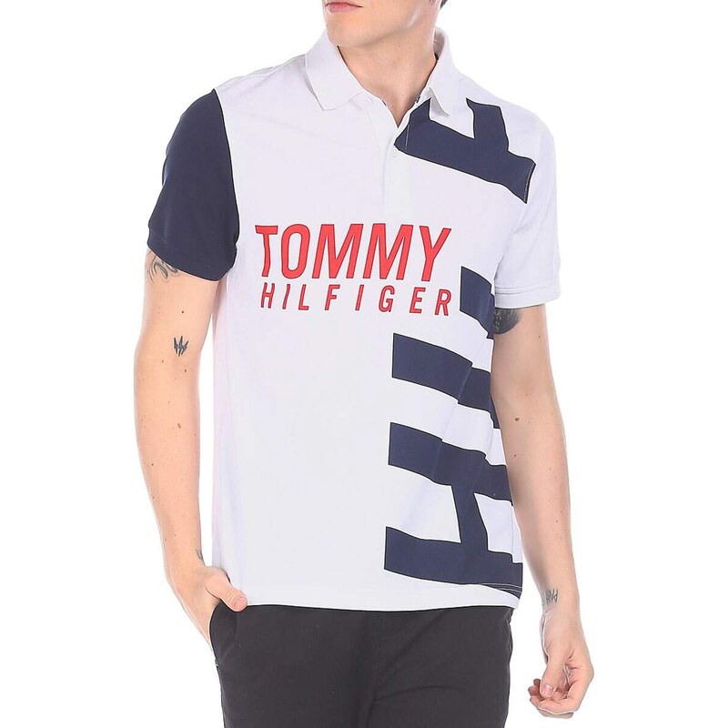 Polo Tommy Hilfiger Masculina Regular Global Stripe Shoulder Branca 