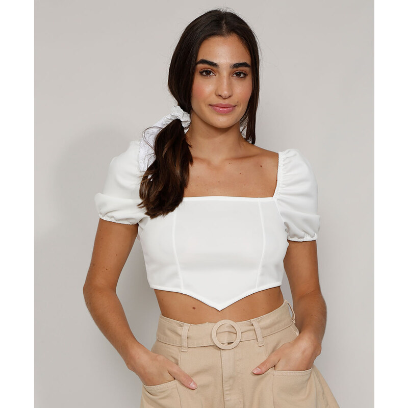 C&A BR Blusa Feminina Manga Bufante Cropped Corset Decote Reto Off White 