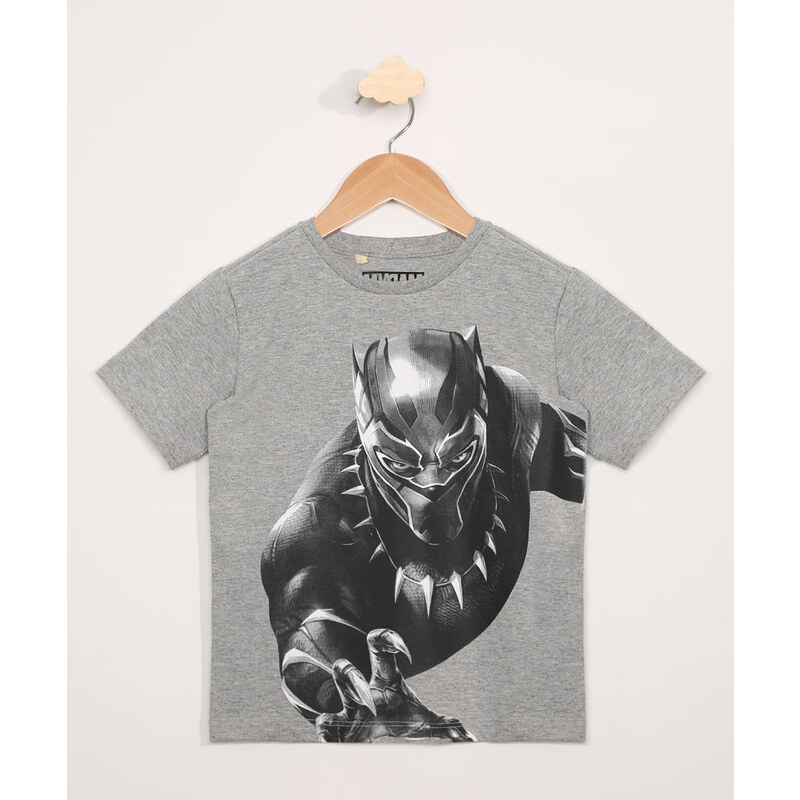 Camiseta Infantil Marvel Manga Curta Pantera Negra Mescla Cinza