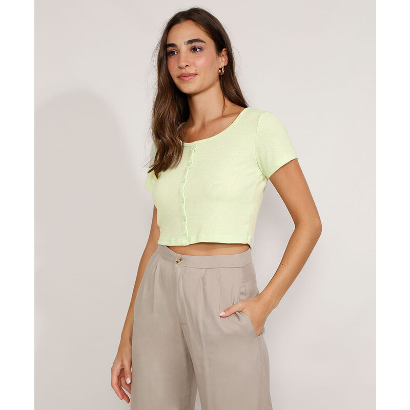 Blusa Cropped em Tricô com Mini Botões Verde