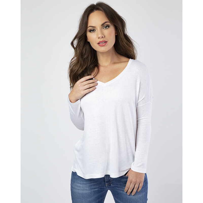 Simone Saga Blusa Decote UV Manga Longa Branco P GLAMI .br