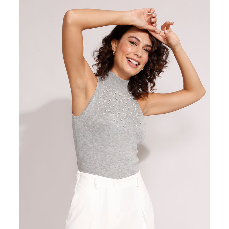 C&A BR Regata Halter Neck de Tricô com Pérolas Gola Alta Cinza Mescla 