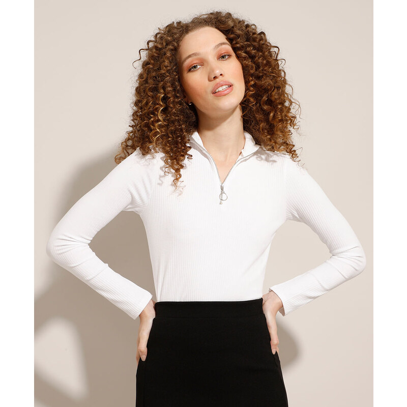 blusa feminina canelada com zíper de argola manga curta gola alta preta -  C&A
