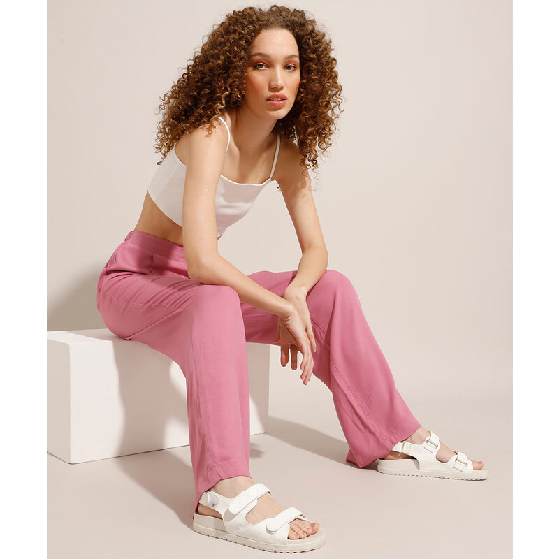 C&A BR Calça Reta de Viscose Cintura Super Alta Rosa 