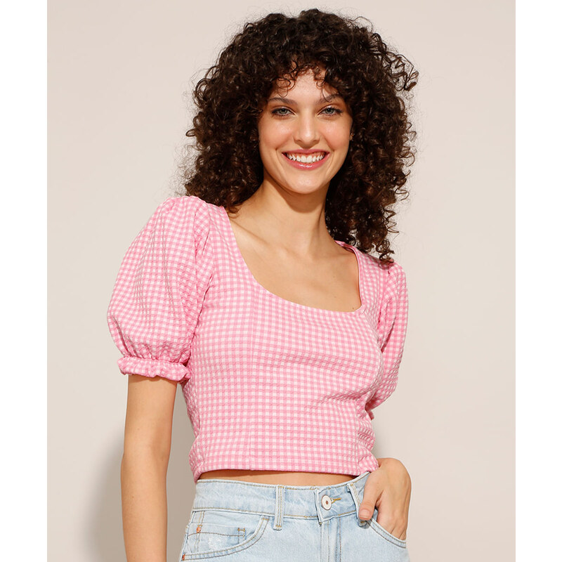 Blusa Cropped em Linho com Manga Bufante e Estampa Xadrez Bege