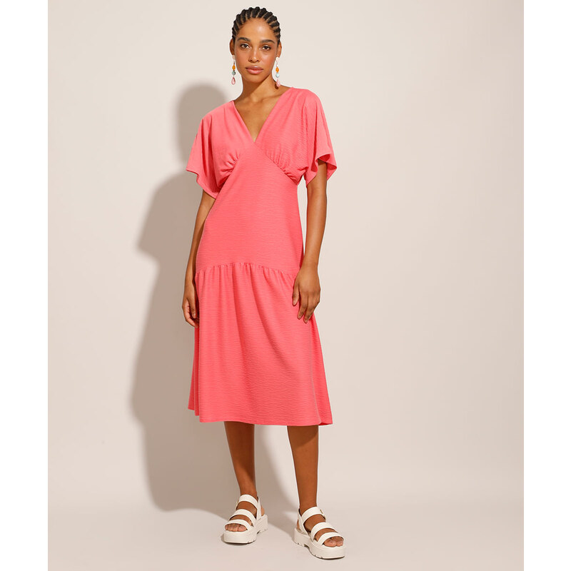 vestido midi transpassado plus size com amarração decote v estampa floral  rosa - C&A