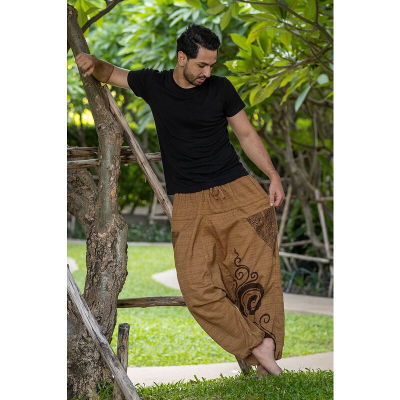 Calça Thai Calça larga bege masculina com bolso e cintura elástica com  cordão 100% algodão