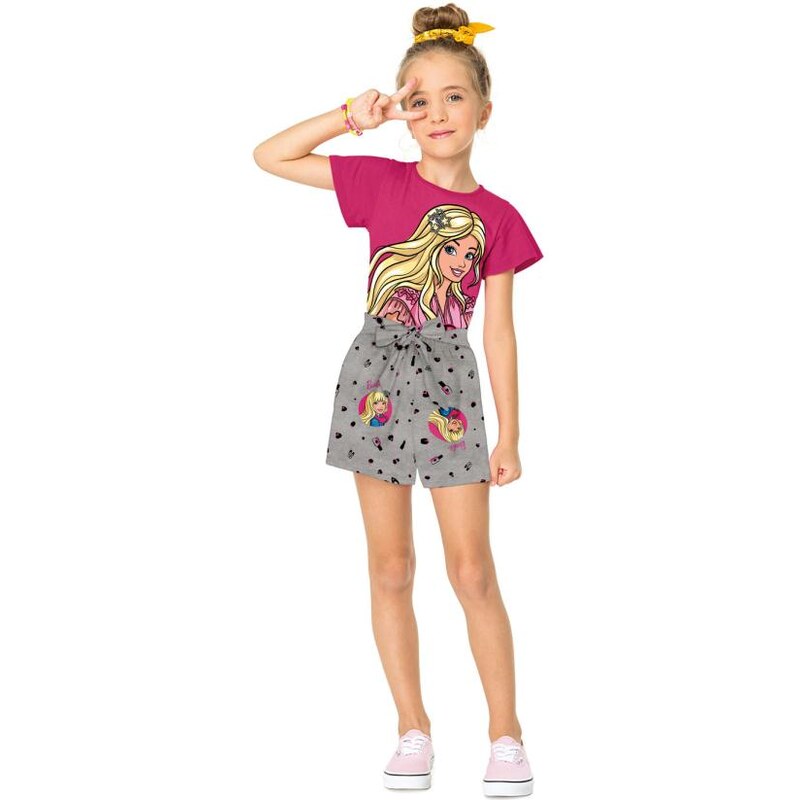 Conjunto Infantil Estampado Manga Curta Barbie Tam 4 a 10