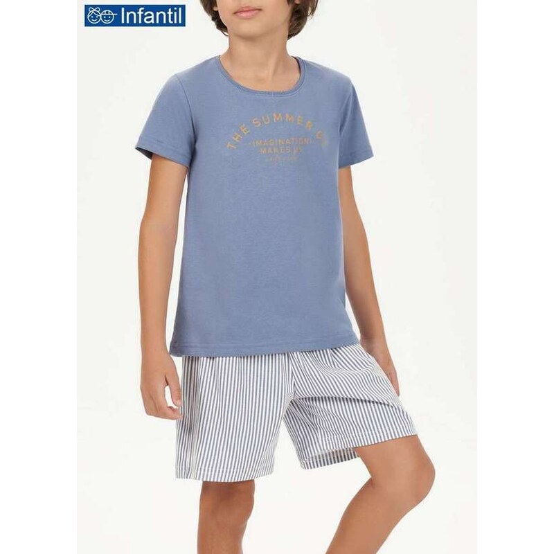 Pijama Infantil Menino Curto Cor com Amor 66399 Azul/Listras-Azuis