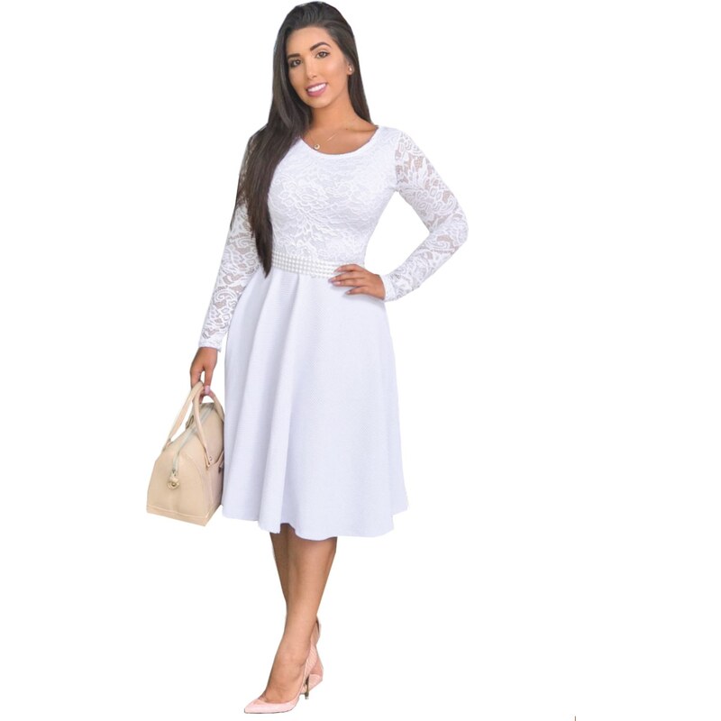 Vestido Plus Size Casamento Civil Branco Floral Manga Curta