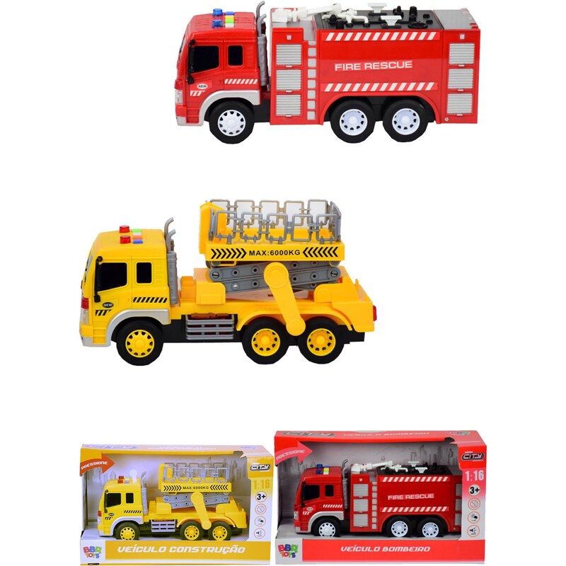 BBR Toys KIt caminhão de brinquedo infantil para criança a fricção  Plataforma e Bombeiro BBR