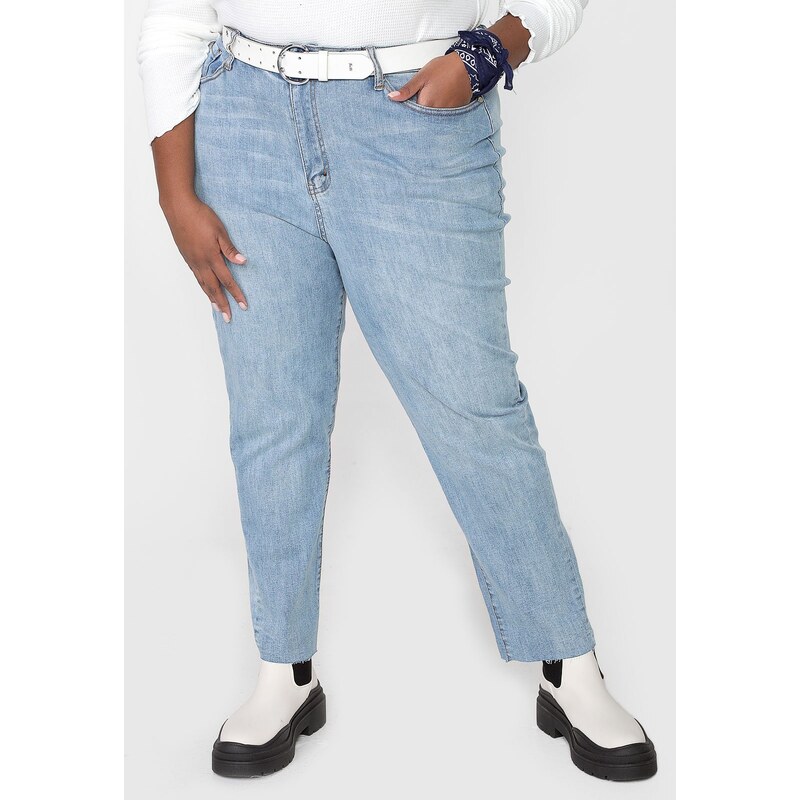 Calça Jeans Feminina Wide Leg Bolso Cargo Azul