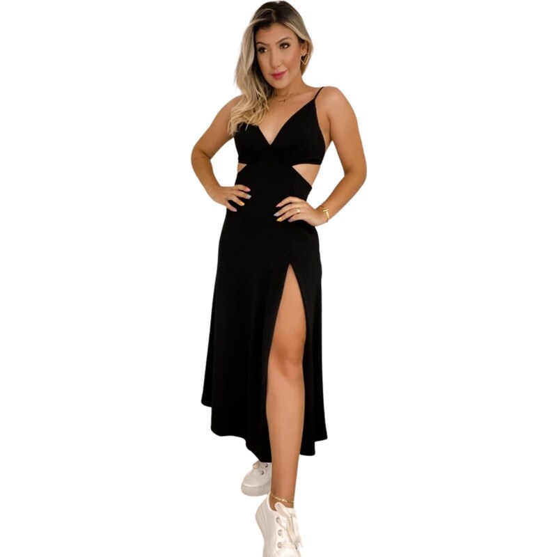 Vestido de Verão Midi Khloe Abertura Viscolinho com Fenda NEW