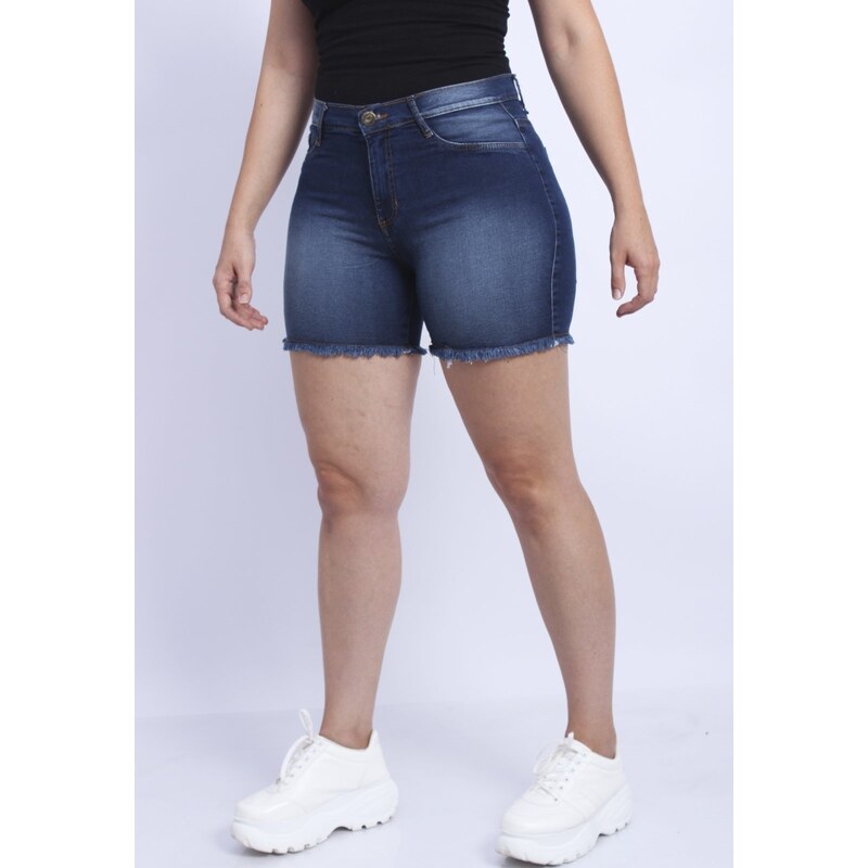 Bermuda Jeans Frozini Feminina com elastano desfiado Short Jeans Cintura  Alta 