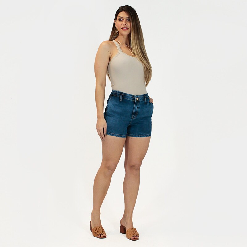 Short Jeans Feminino Cintura Alta Bermuda Cós Alto Desfiado