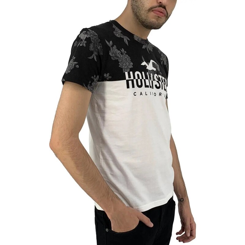 Camiseta Hollister Masculina Colorblock Floral Split Logo Branco 