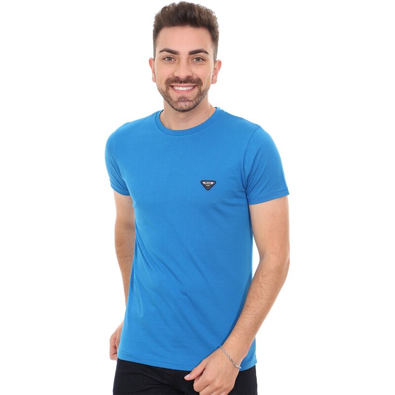 Camiseta Prada Masculina Rubberized Blue Logo Azul Royal 