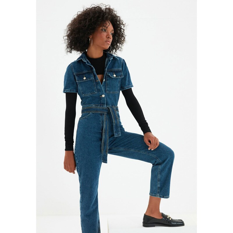 Macacão Jeans Trendyol Collection Slim Amarração Azul 