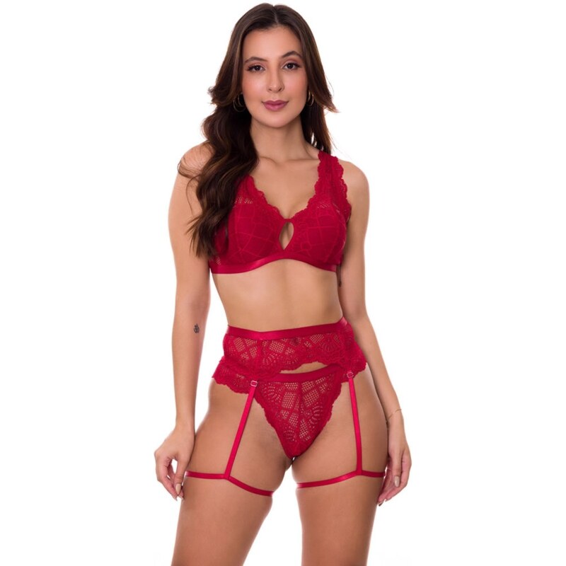 Conjunto de Lingerie Moda de Baixo em Renda com Cinta Liga