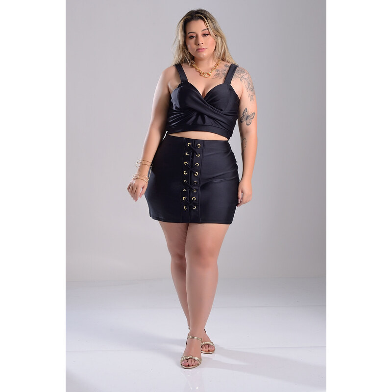 CONJUNTO PRADA PRETO COM SAIA E CROPPED PLUS SIZE 