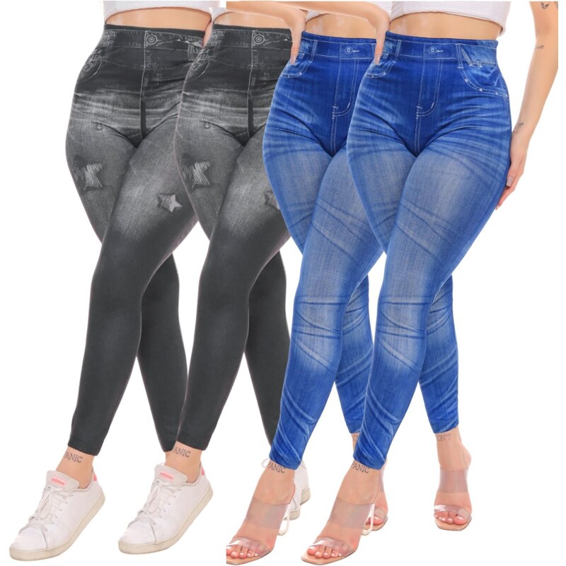 SEVEN PREMIUM KIT 4 Calças Legging Sublimada Premium Fitness Premium Imita Jeans  Fake Jeans Feminino-Preto Azul 