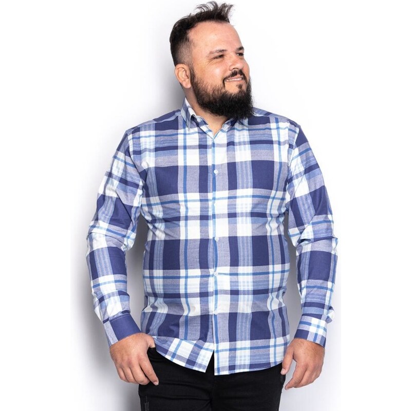 Camisa xadrez de algodão stretch com mangas curtas (Azul-marinho) - Homens