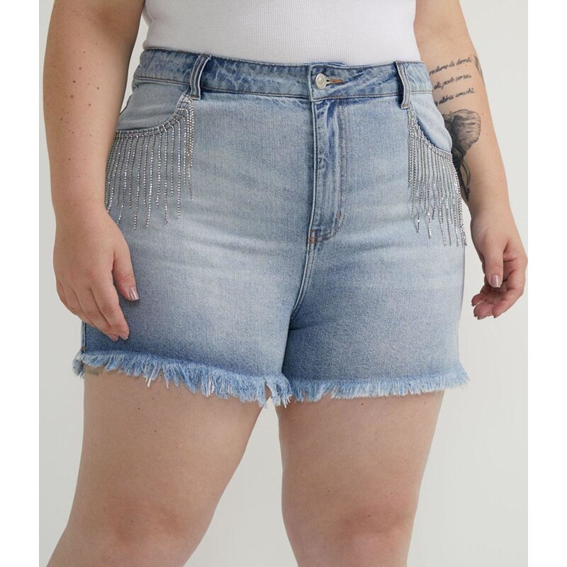 short plus size clochard jeans cintura super alta com faixa azul