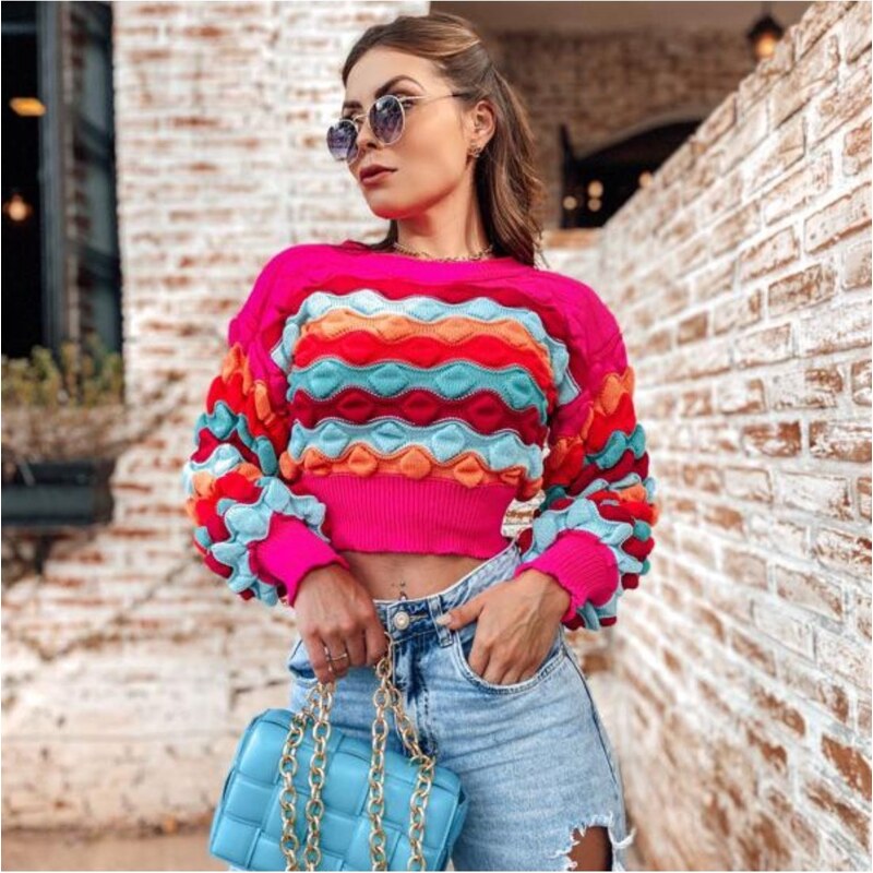 ChiliPink Blusa Cropped Tricot Manga Longa Colorida 