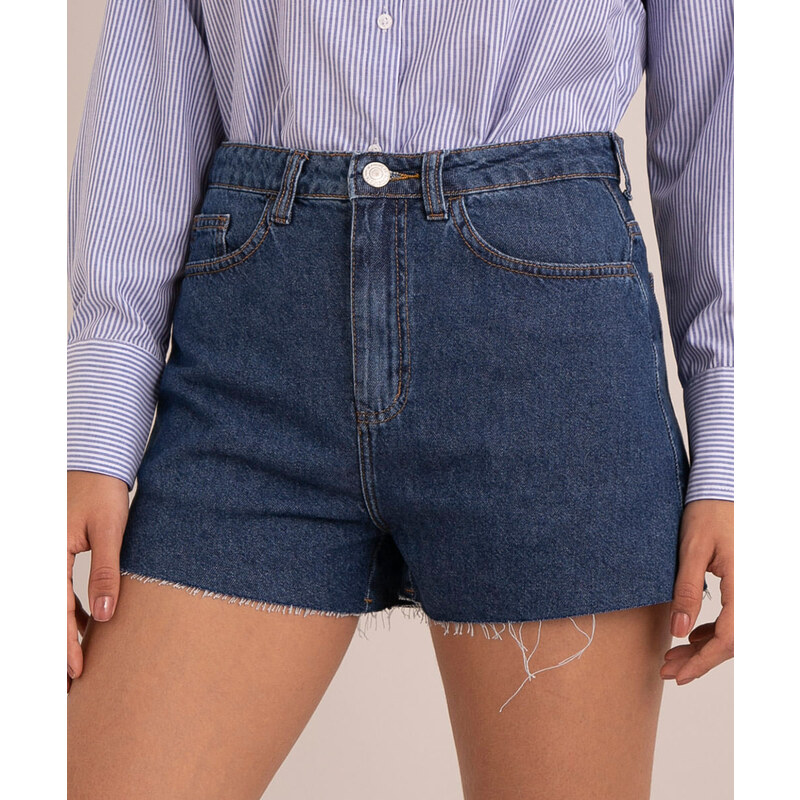 short jeans feminino mom cintura super alta com bolsos e elástico azul  médio - C&A
