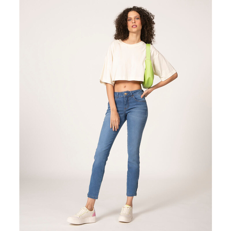 C&A Calça Jeans Feminina Super Skinny com Zíper na Barra Azul Médio