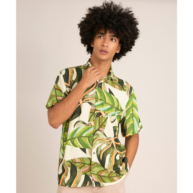 C&A camisa de viscose manga curta estampa de folhagens verde