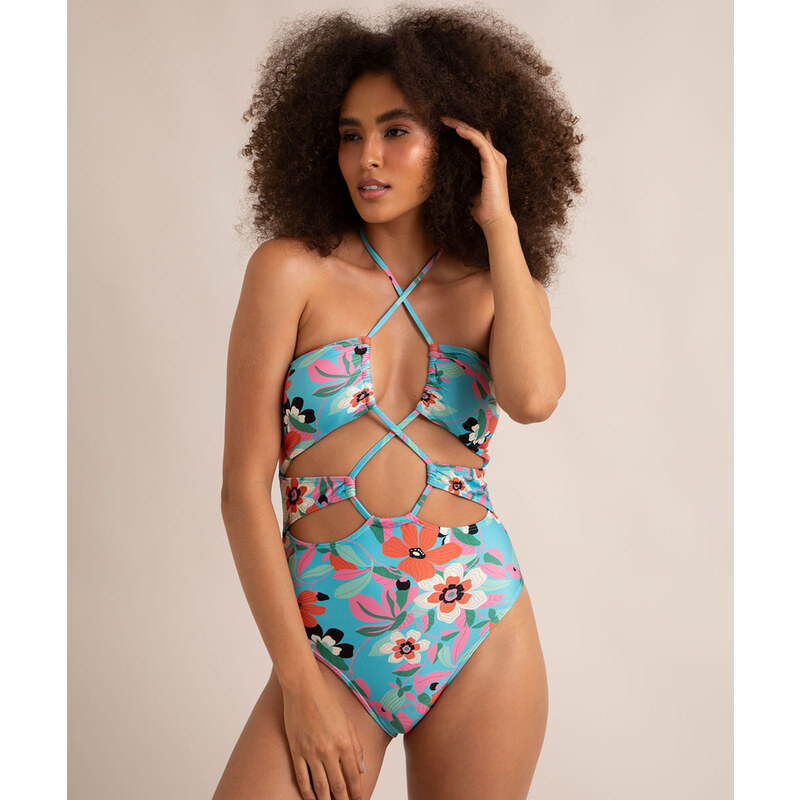 C&A maiô body estampado floral com amarração e bojo proteção uv50+