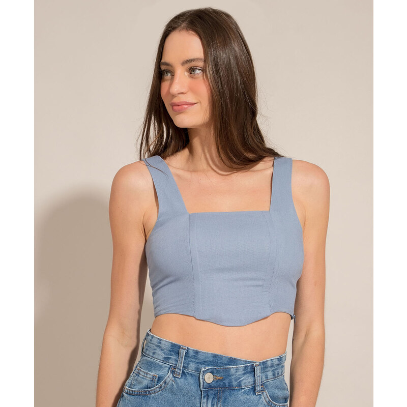 C&A Top Cropped Corset Jeans com Lastex Alça Larga Decote Reto