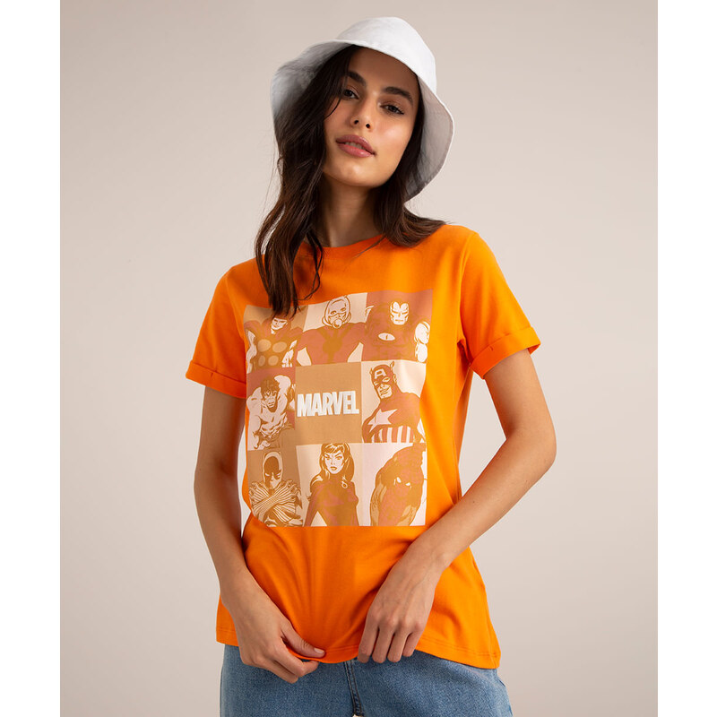 C&A camiseta estampada super heróis marvel manga curta com dobra decote  redondo laranja