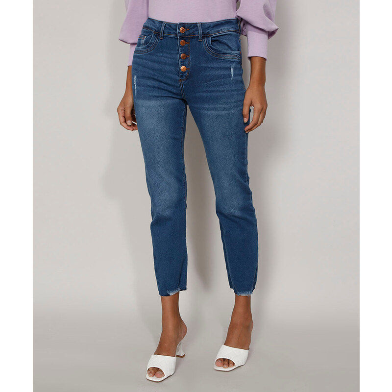 C&A Calça Jeans Feminina Cintura Média Reta com Botões Azul Médio 