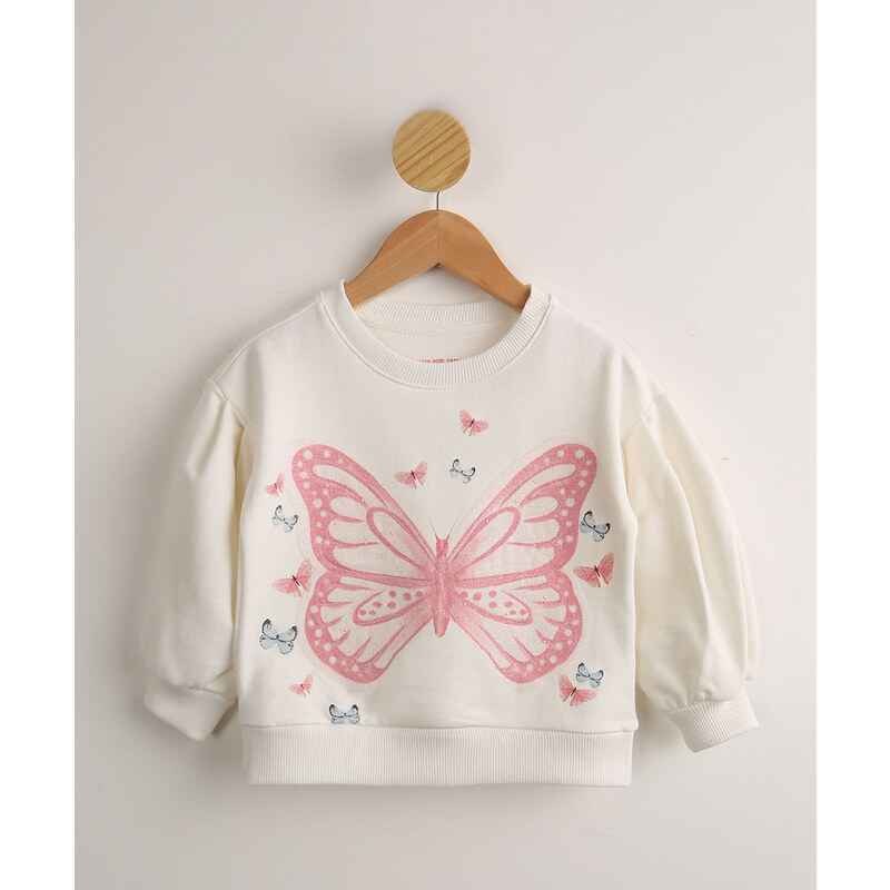 C&A Blusão de Moletom Infantil Borboleta com Glitter Decote Redondo Off  White 