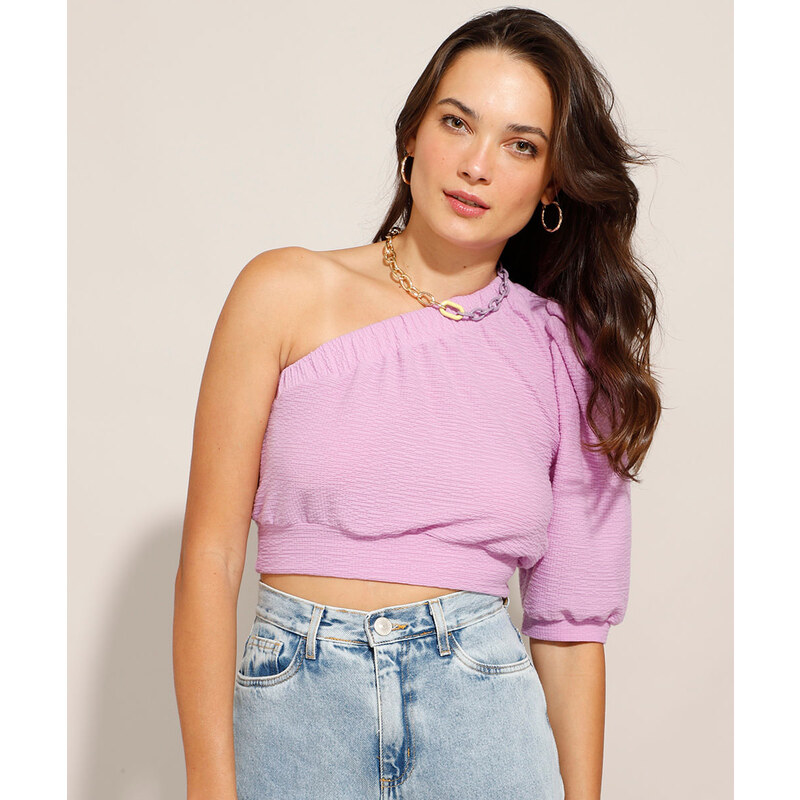 C&A Blusa Cropped Um Ombro Só Texturizada com Nó Manga Bufante Lilás 