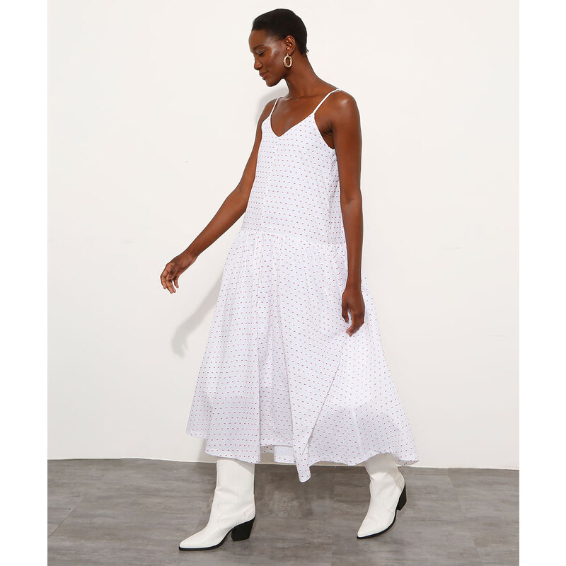 C&A Vestido Texturizado com Recorte e Bolsos Longo Alça Fina Mindset Branco