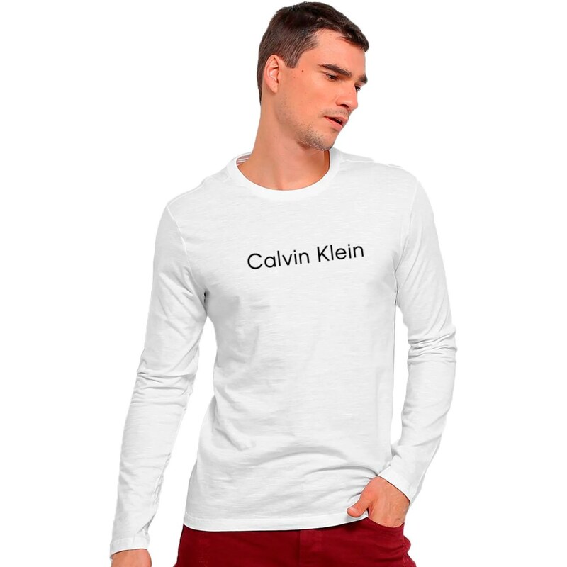 Camiseta Calvin Klein Masculina Manga Longa Institutional Flamê Branca 