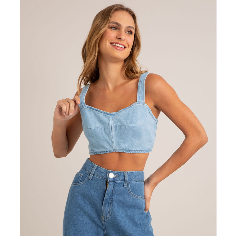 C&A Top Cropped Corset Jeans com Lastex Alça Larga Decote Reto