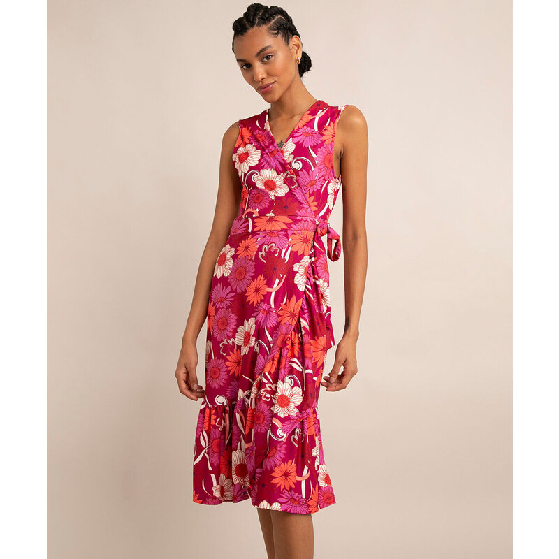 C&A vestido midi transpassado com estampa floral rosa